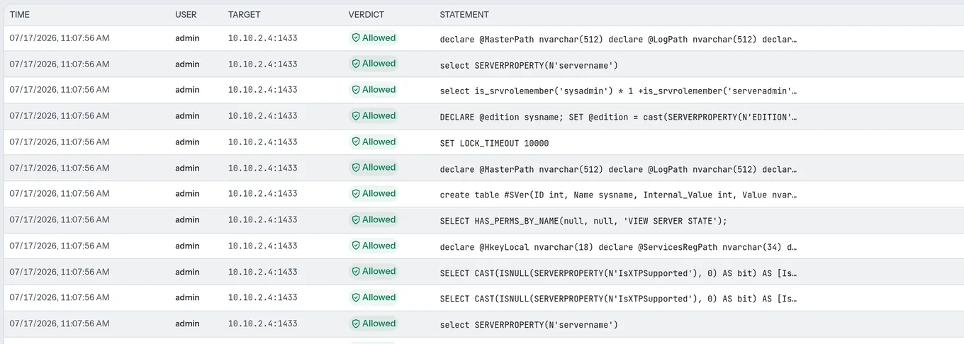 Database Queries live log