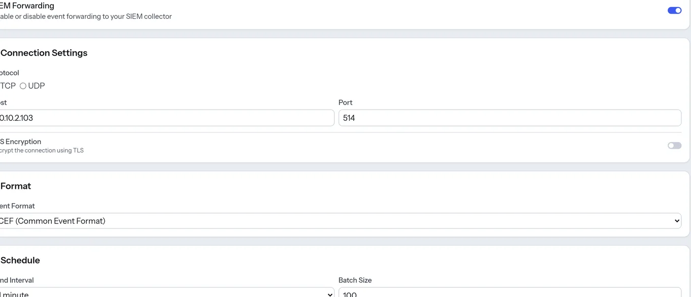 SIEM forwarding settings